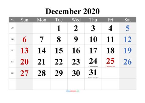 December 2020 Calendar Printable Editable